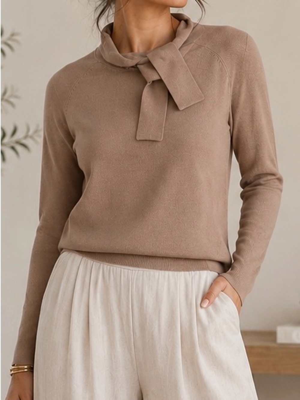 Alex Marie Silk Blend Tie Neck Knit Sweater XL Camel Taupe Quiet Luxury Soft Top